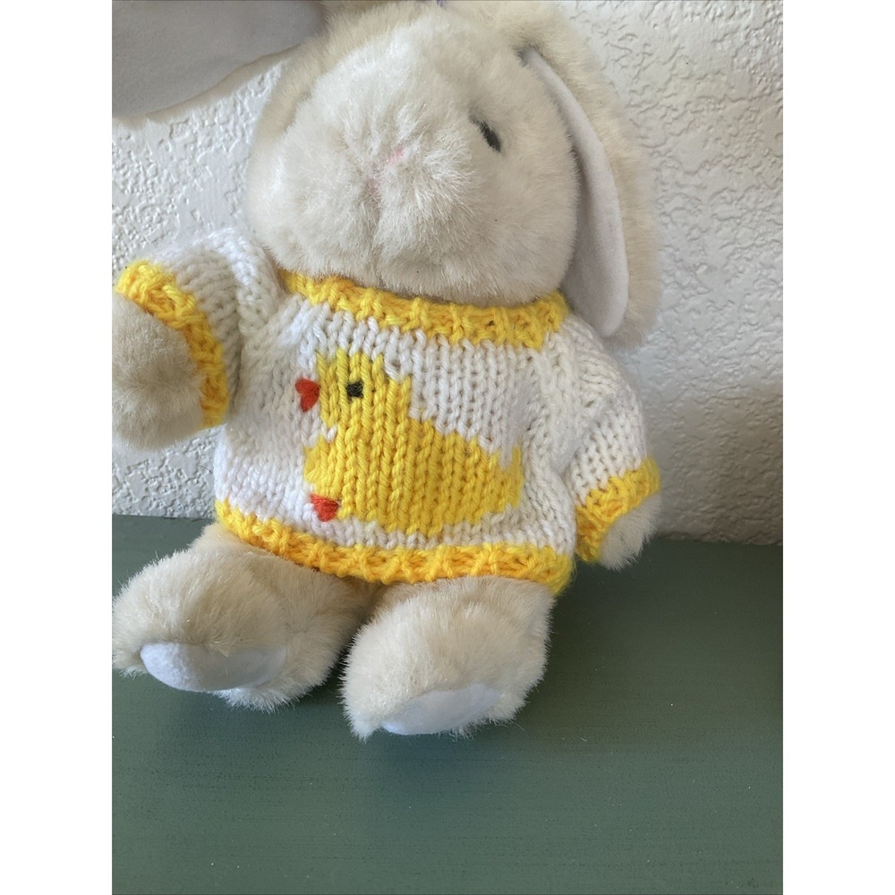 Vtg Eggcetera Easter Plush Bunny Knit Sweater Yellow Chick 10" Beige Toys"R"Us - Picture 4 of 7